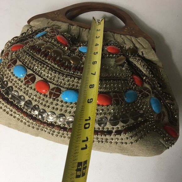 Aldo khaki canvas beads wooden handle satchel bag - Picture 7 of 11